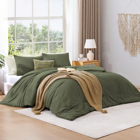 WRENSONGE olive-green comforter texture close-up highlights gentle softness and durable fabric.