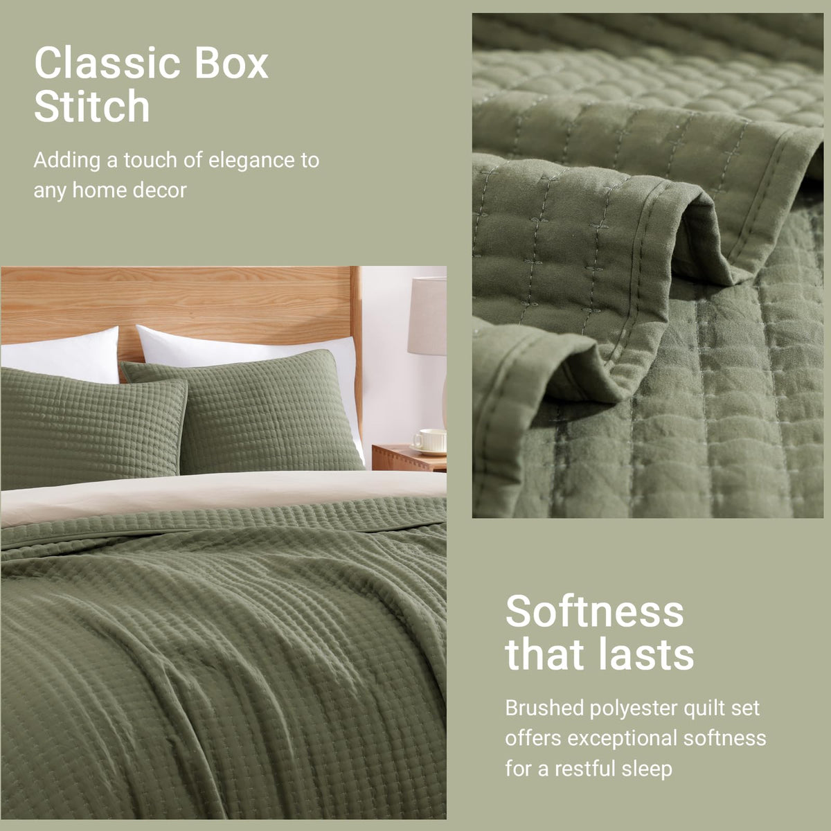 WRENSONGE olive-green quilt on bed elevates room decor.