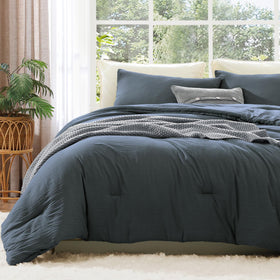 Wrensonge queen comforter in blue-gray for versatile year-round styling.