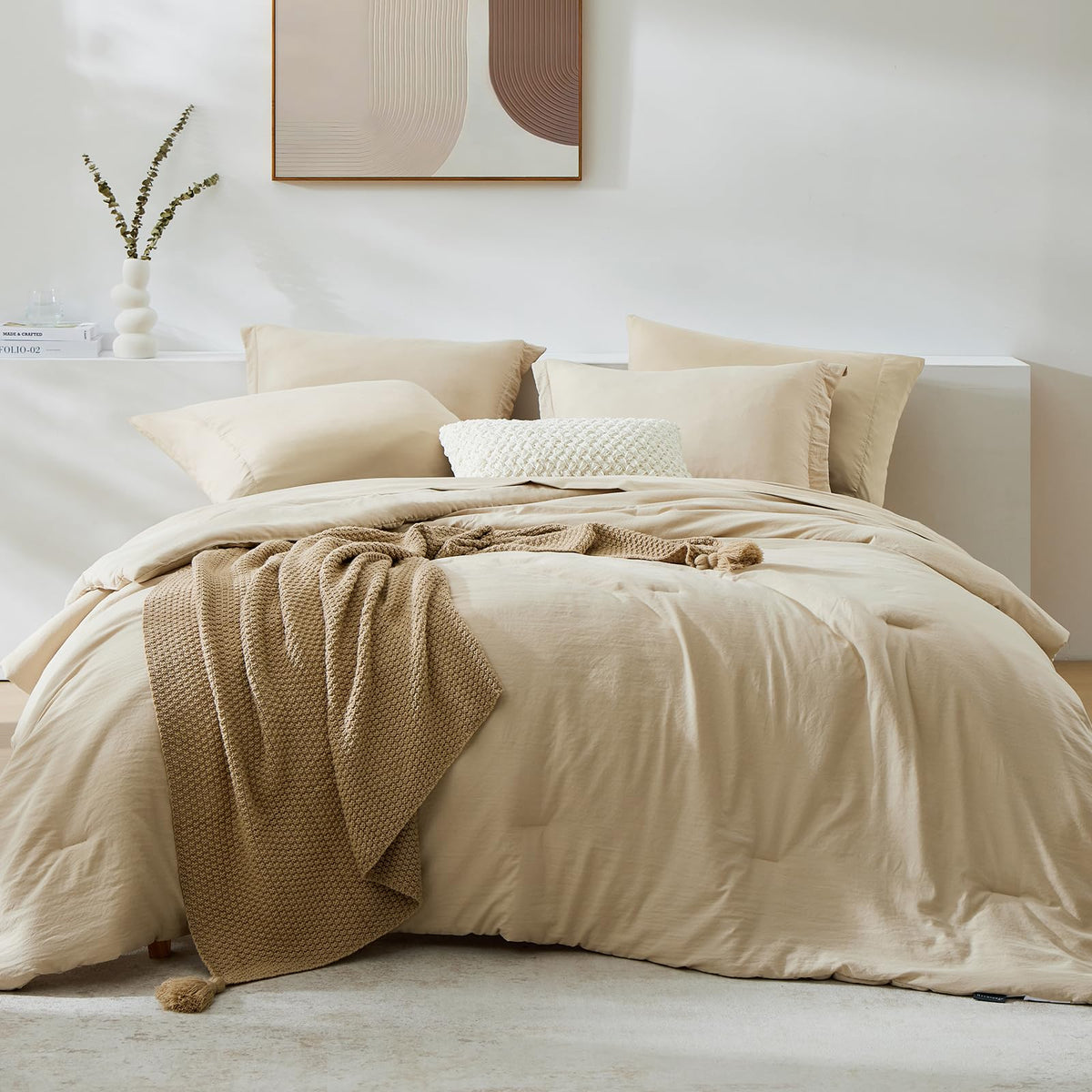 WRENSONGE queen comforter set in beige, a cozy bed-in-a-bag for all-season softness.