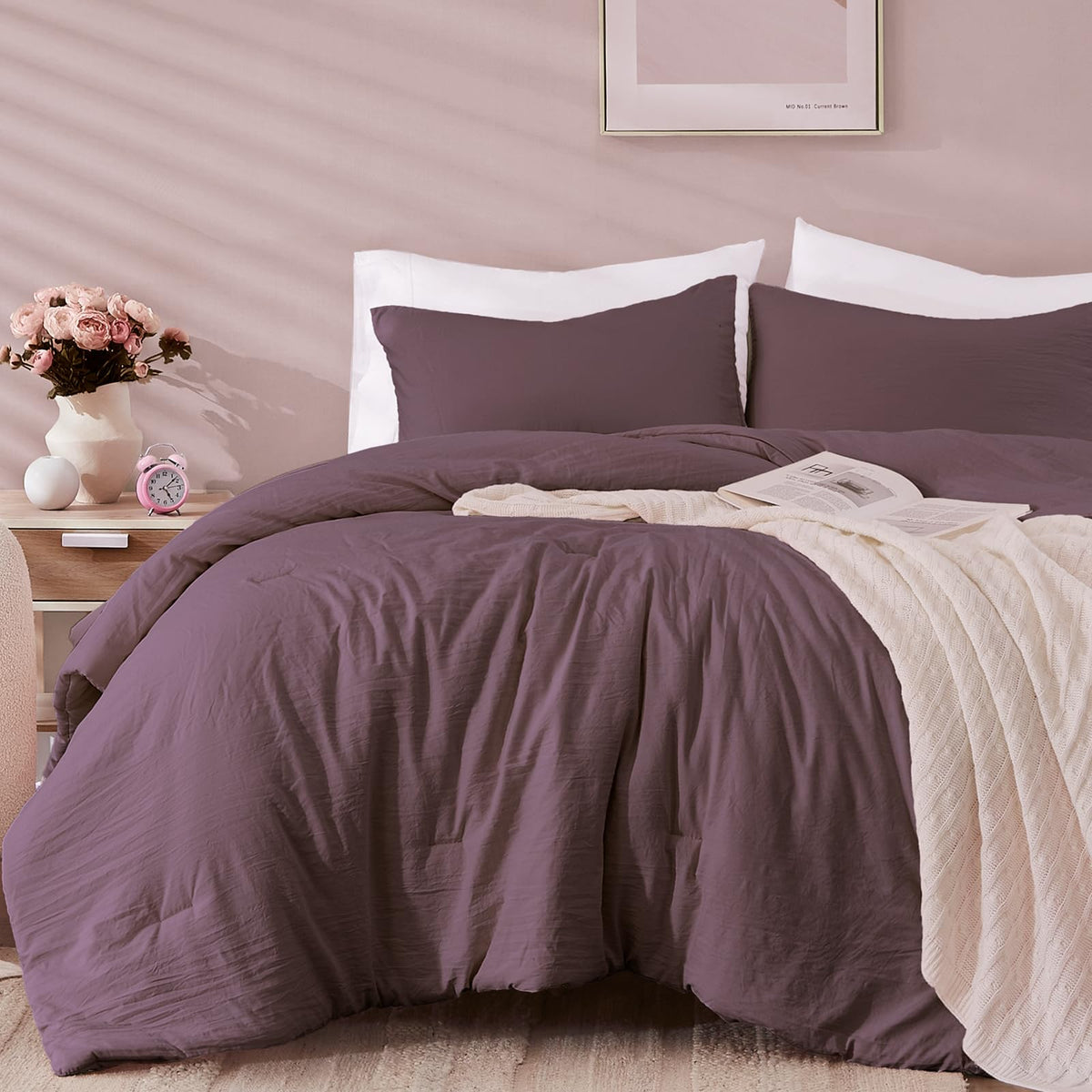 WRENSONGE queen comforter set on bed in deep purple for an elegant bedroom