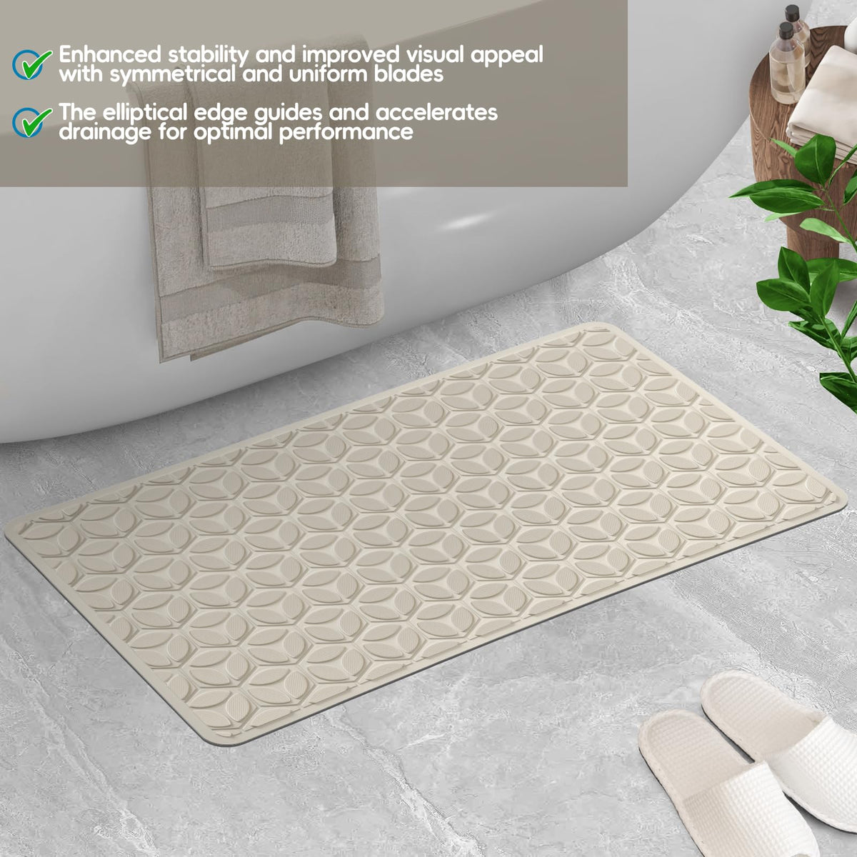 WRISIN mat complements most bathtubs with a clean, fresh beige look.