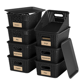 Wrrlors 8-pack black storage baskets with lids organize shelves with easy access.