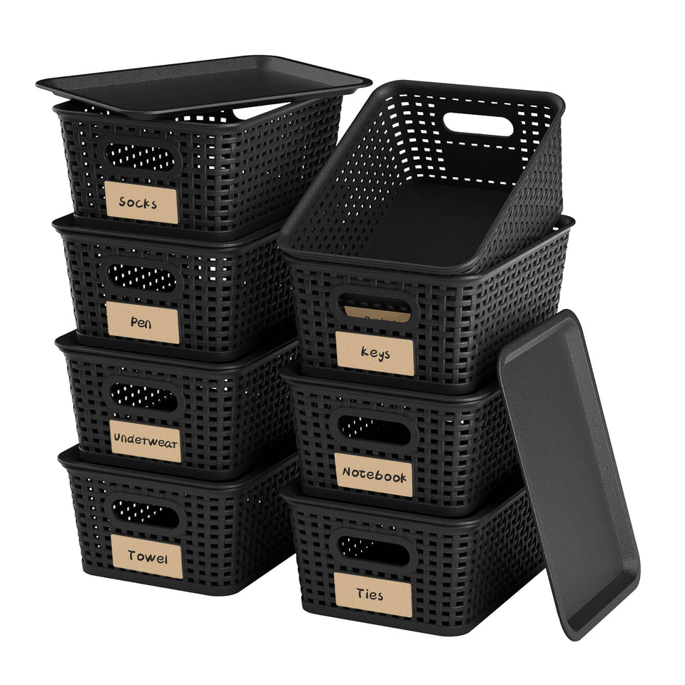 Wrrlors 8-pack black storage baskets with lids organize shelves with easy access.
