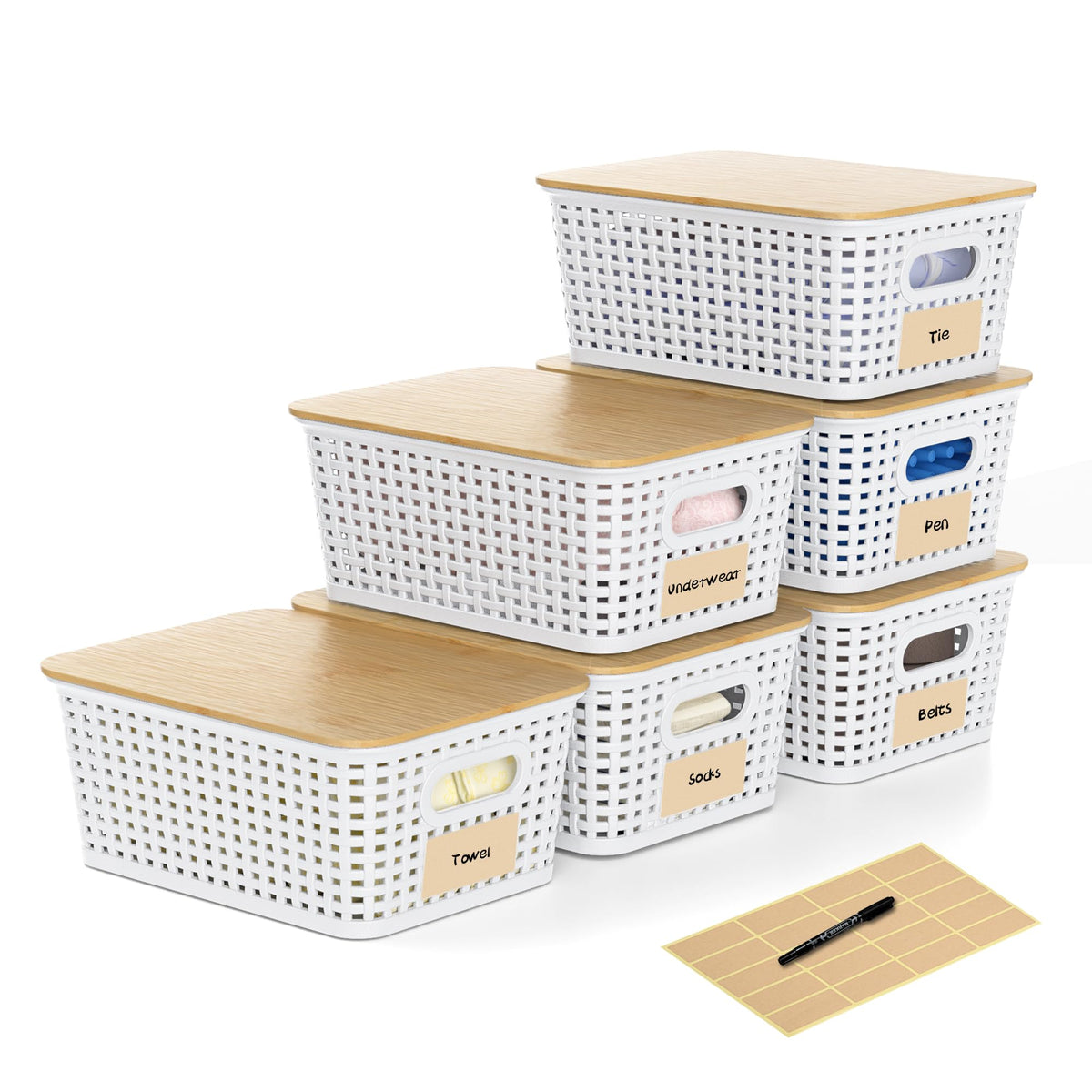 Wrrlors bamboo-lid storage baskets on a shelf offer stylish organization.