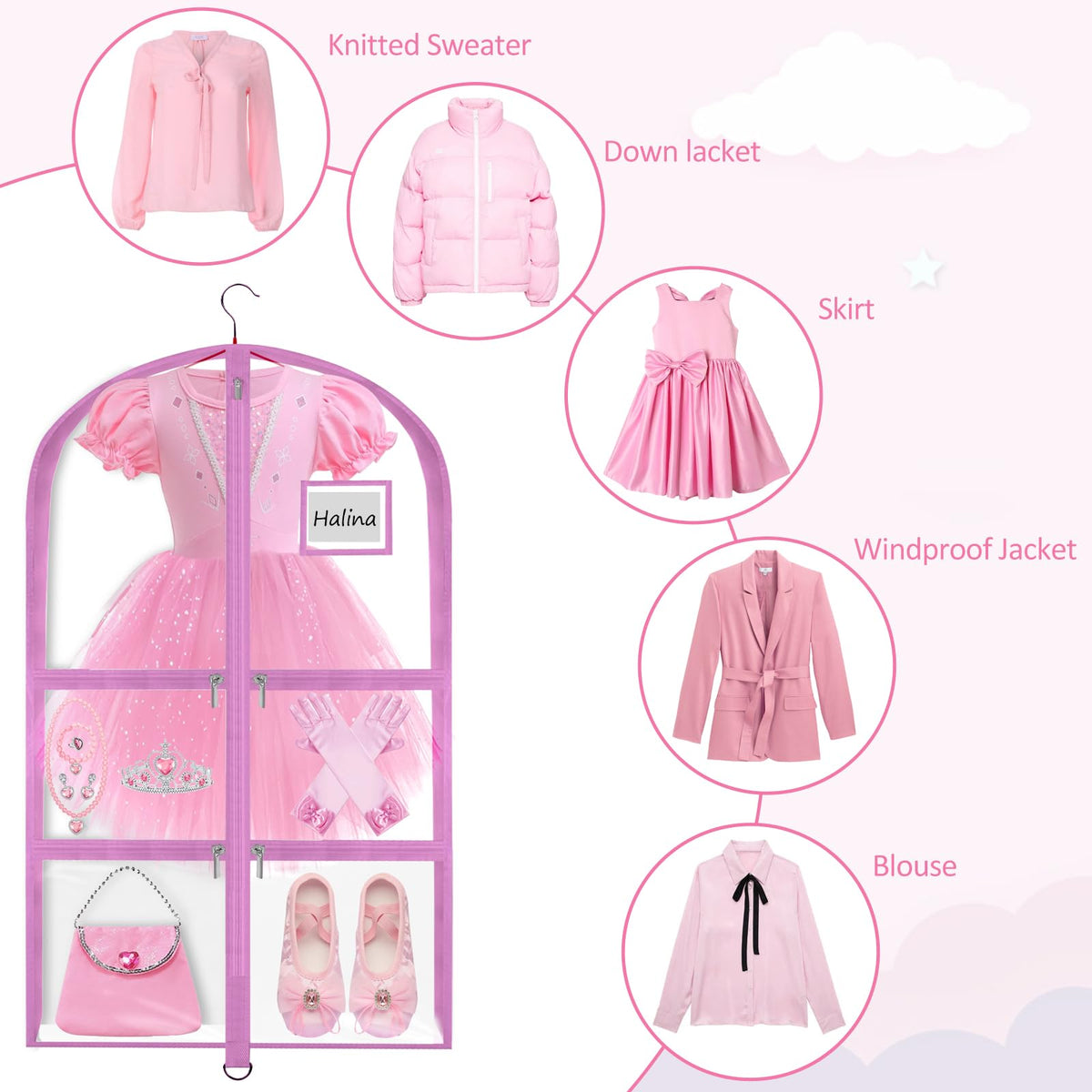 Wsaeig clear pink garment bag highlights outfits at a glance.
