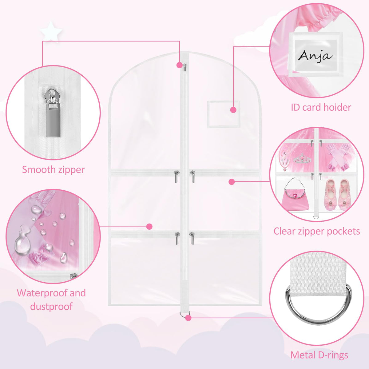 Wsaeig dance bag with hang through D rings for easy wardrobe transport