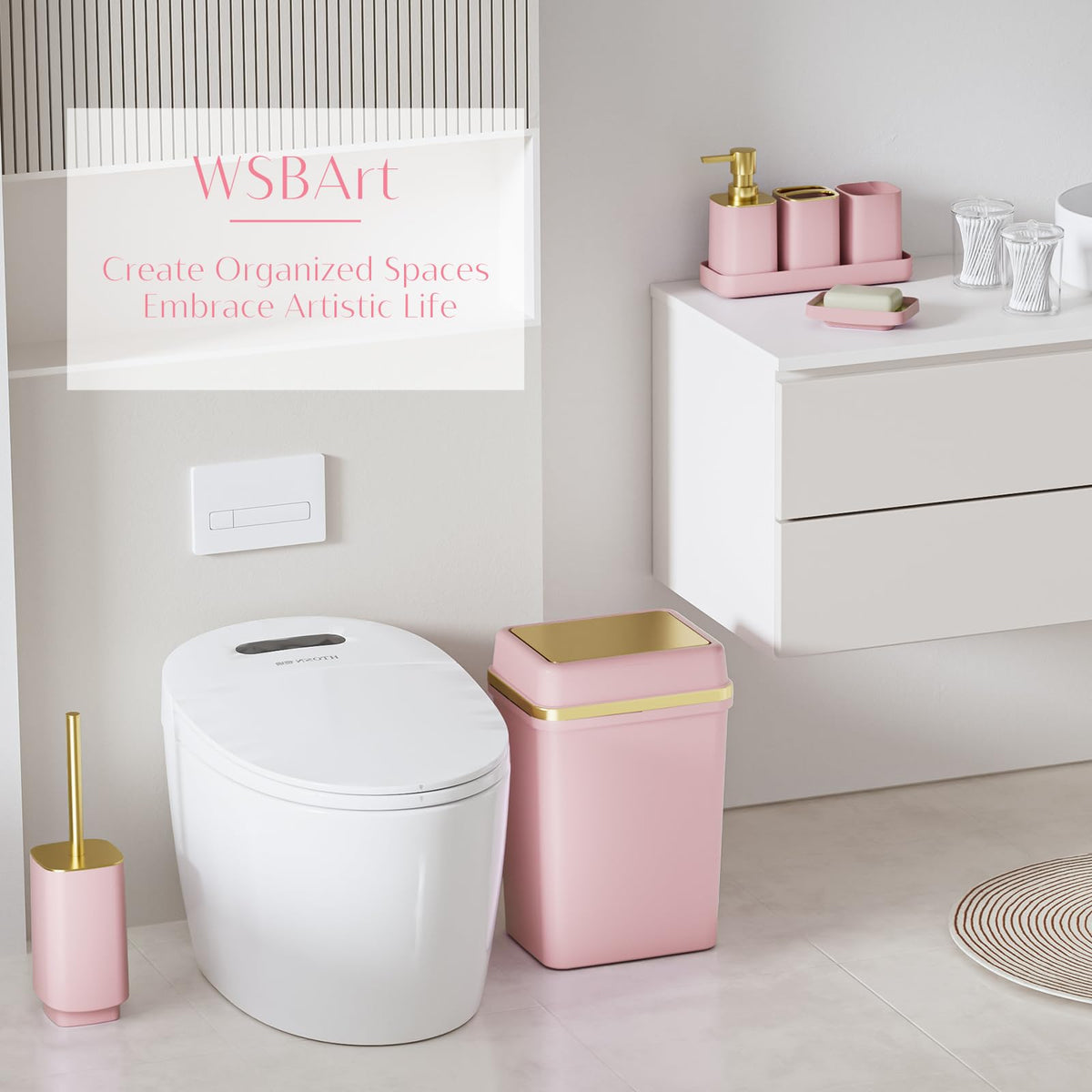 WSBArt pink toothbrush holder organized on the sink