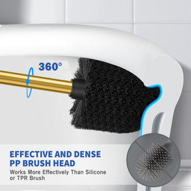 Gold toilet brush with lid to prevent splashes during cleaning.