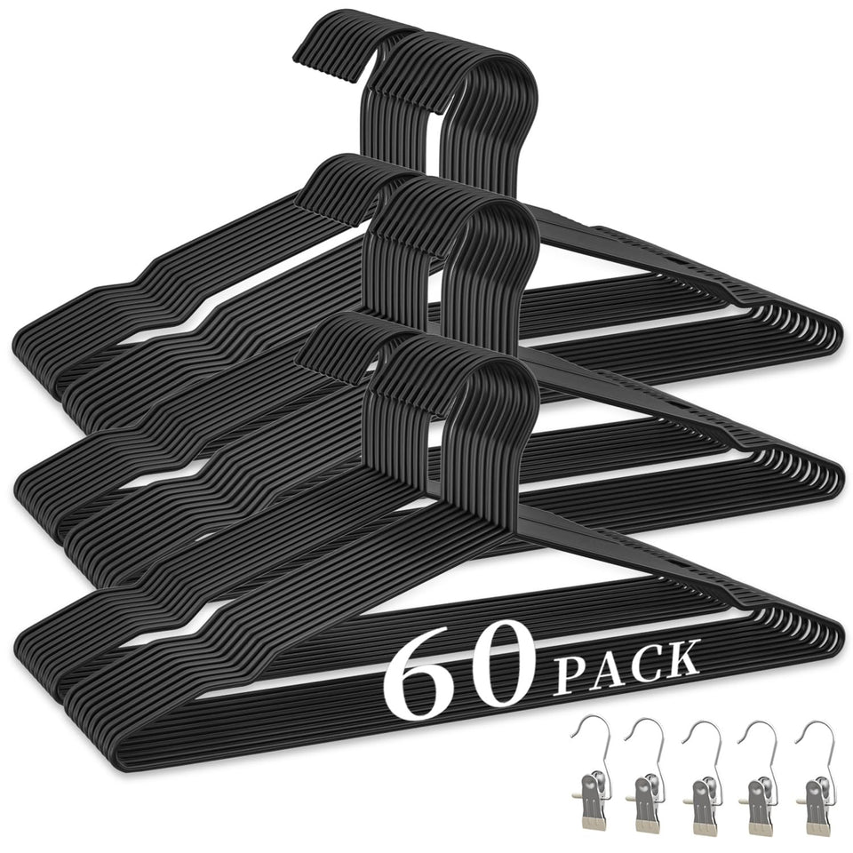WSJYKN 60-pack metal wire hangers offer sturdy, space-efficient closet organization.