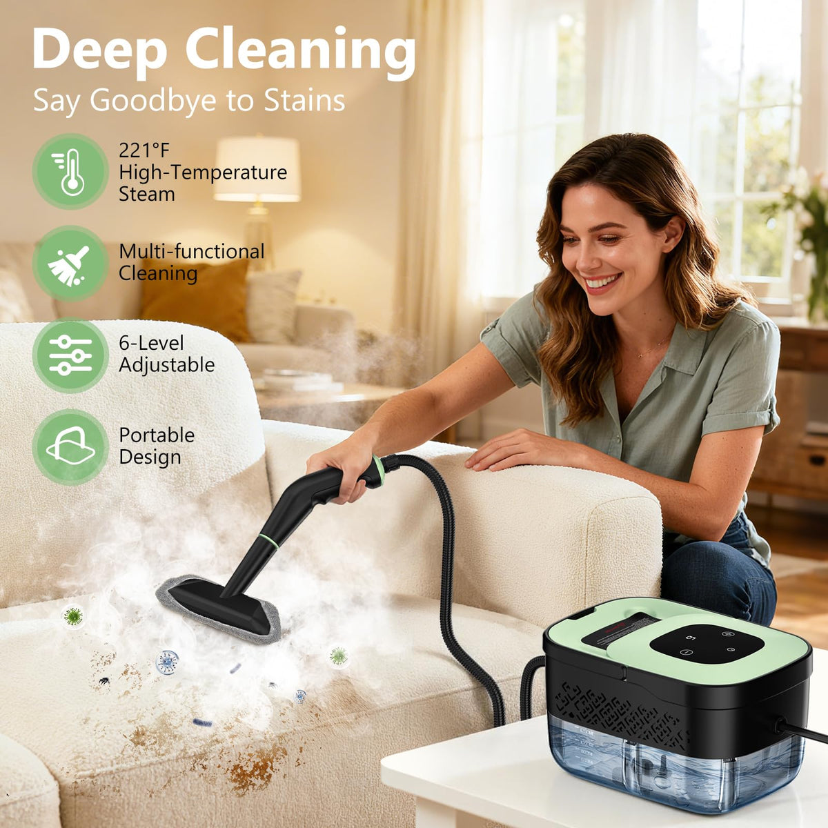 WSRYYCC steam cleaner in car interior use for spotless upholstery.