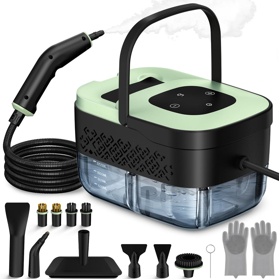 WSRYYCC steam cleaner front view showing compact design for easy storage and quick cleaning.