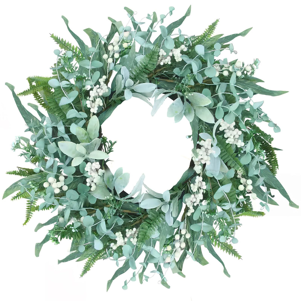 WSTPUPU 24-inch eucalyptus wreath on the front door with silk leaves and white berries.