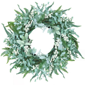 WSTPUPU 24-inch eucalyptus wreath on the front door with silk leaves and white berries.