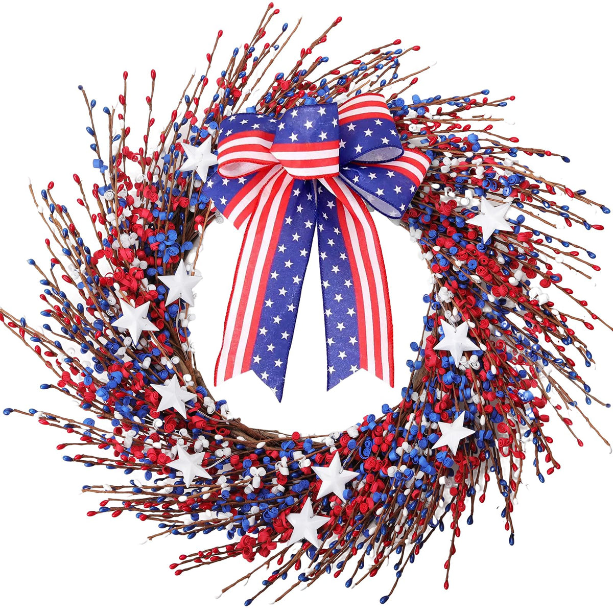 WSTPUPU 4th of July wreath on front door with red, white, blue accents for curb appeal