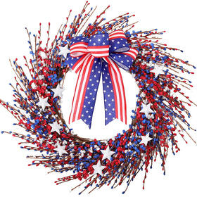 WSTPUPU 4th of July wreath on front door with red, white, blue accents for curb appeal