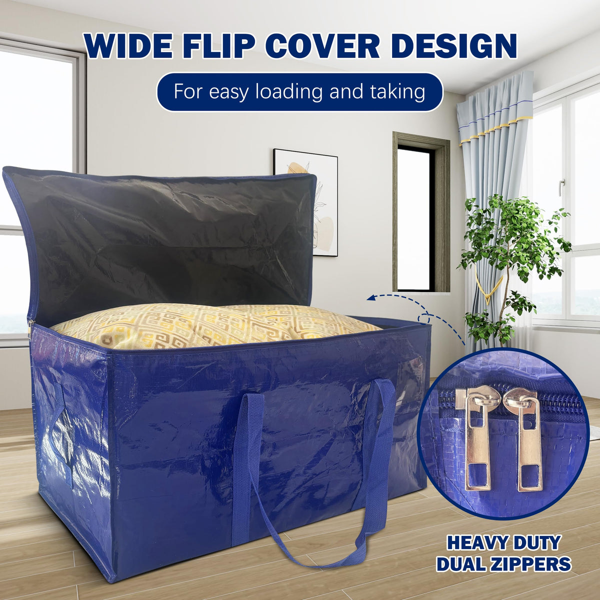 WTREE dark-blue clothes storage bag with reinforced handles for easy transport.