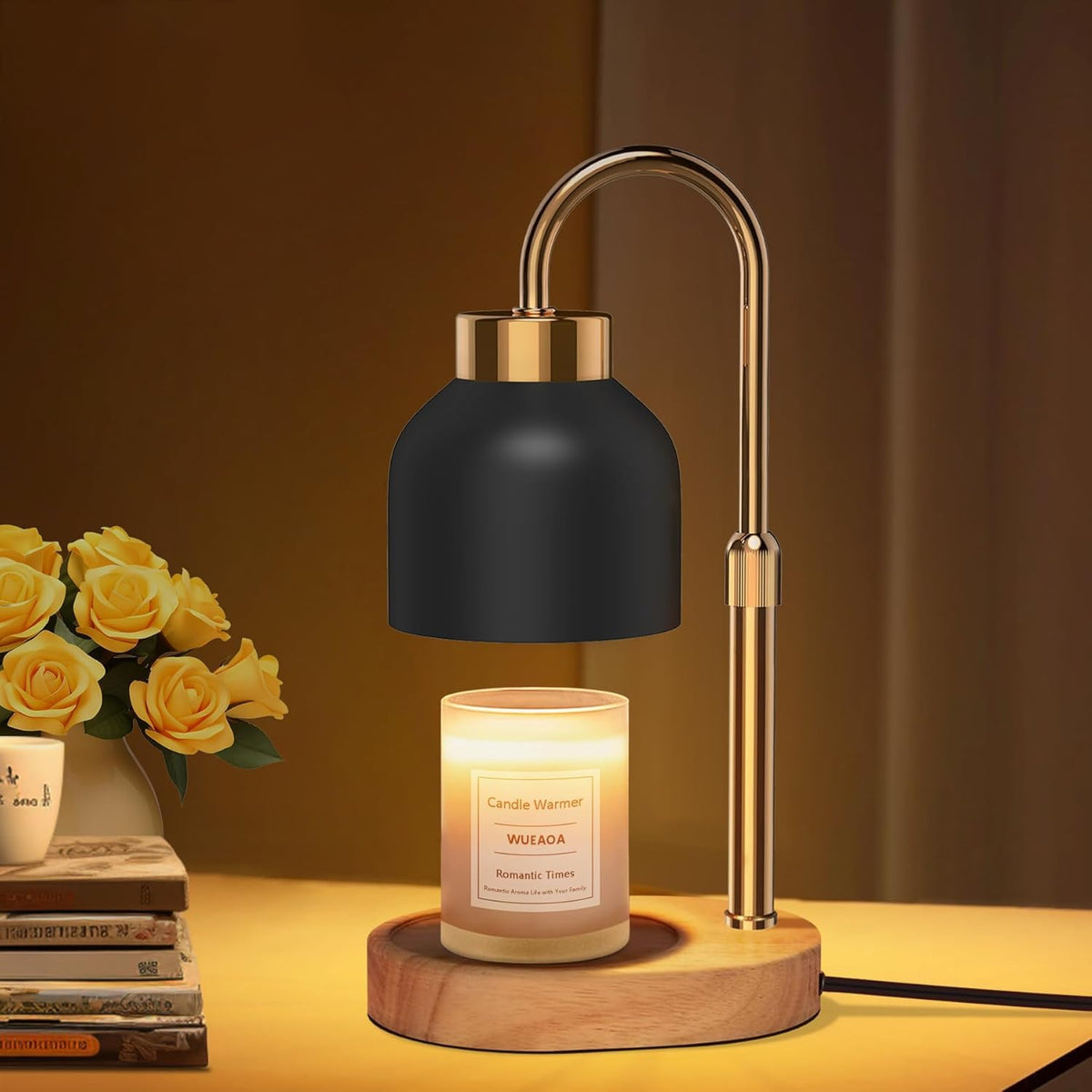 WUEAOA candle warmer lamp base showing sturdy wood foundation for stable operation.