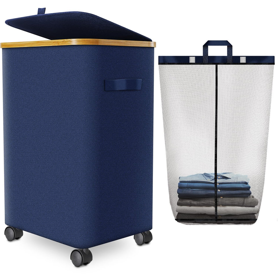 Wuevu laundry hamper on wheels with lid, 20-gallon capacity for easy laundry transport.