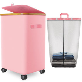 Wuevu pink laundry hamper with wheels and lid for easy transport