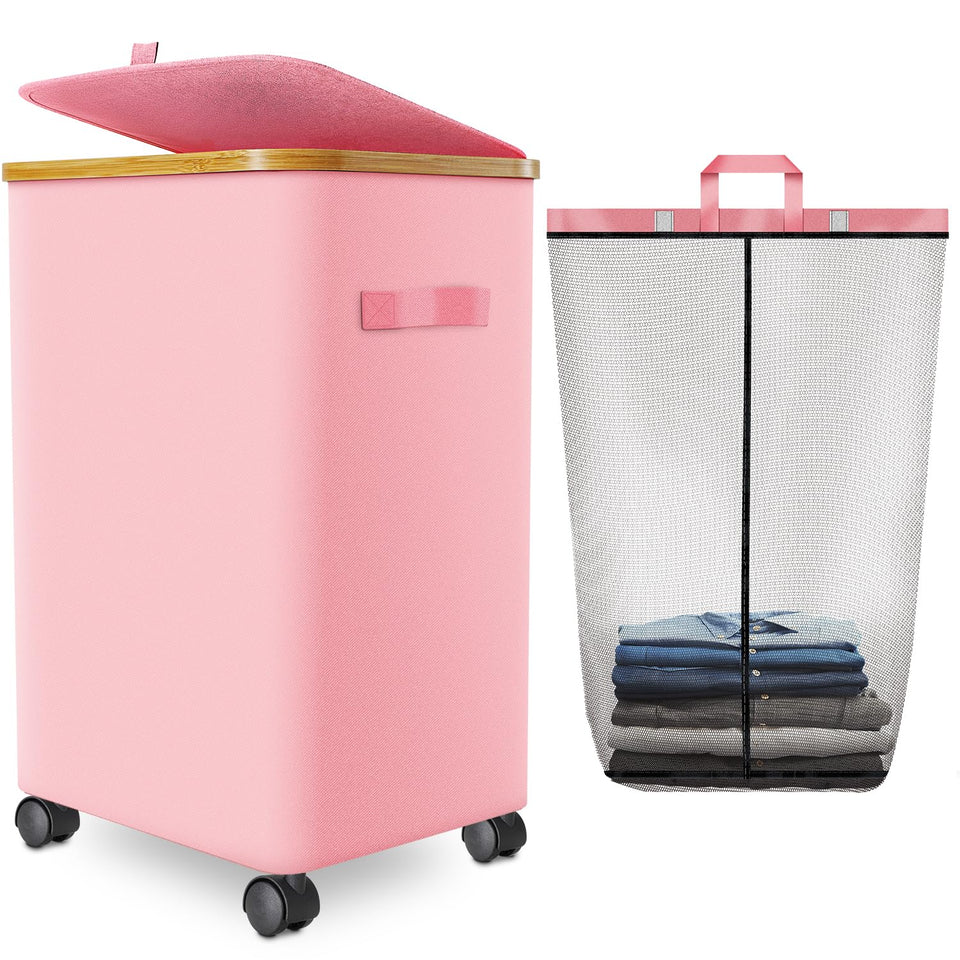 Wuevu pink laundry hamper with wheels and lid for easy transport