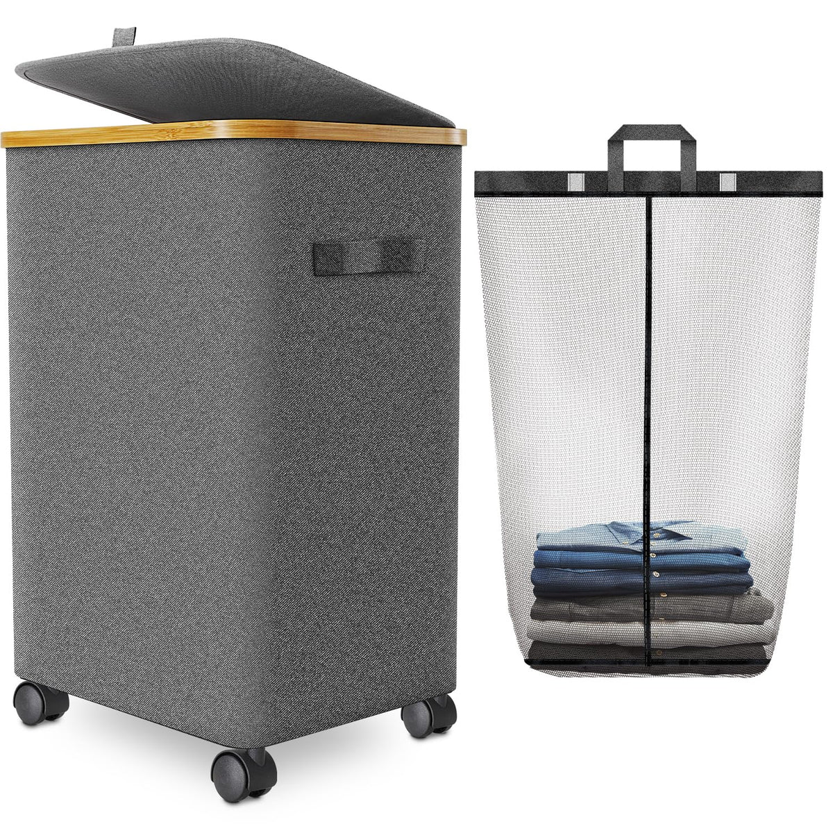 Wuevu laundry hamper on wheels for easy transport.