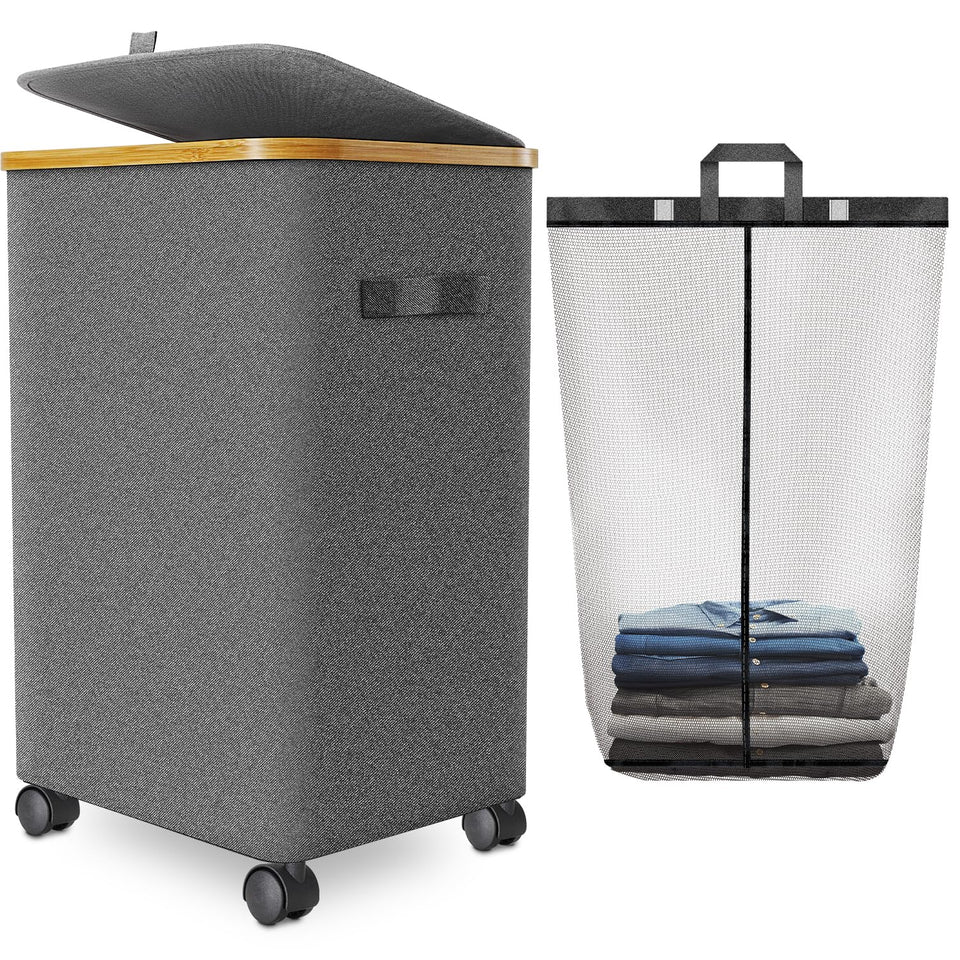 Wuevu laundry hamper on wheels for easy transport.