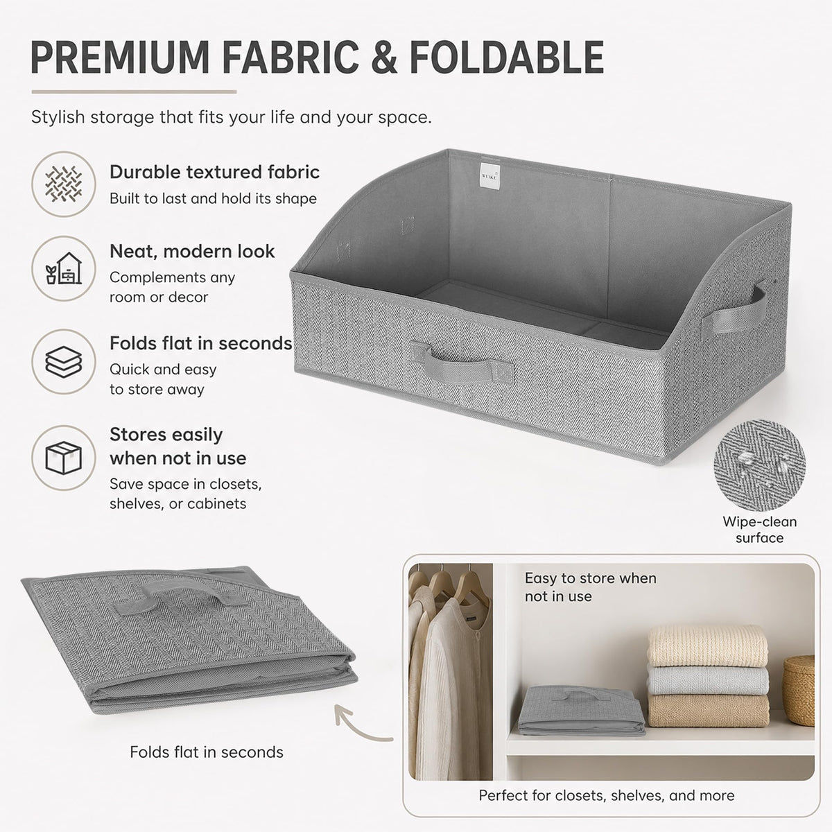 WUIKE closet bins gray folded flat for space-saving storage