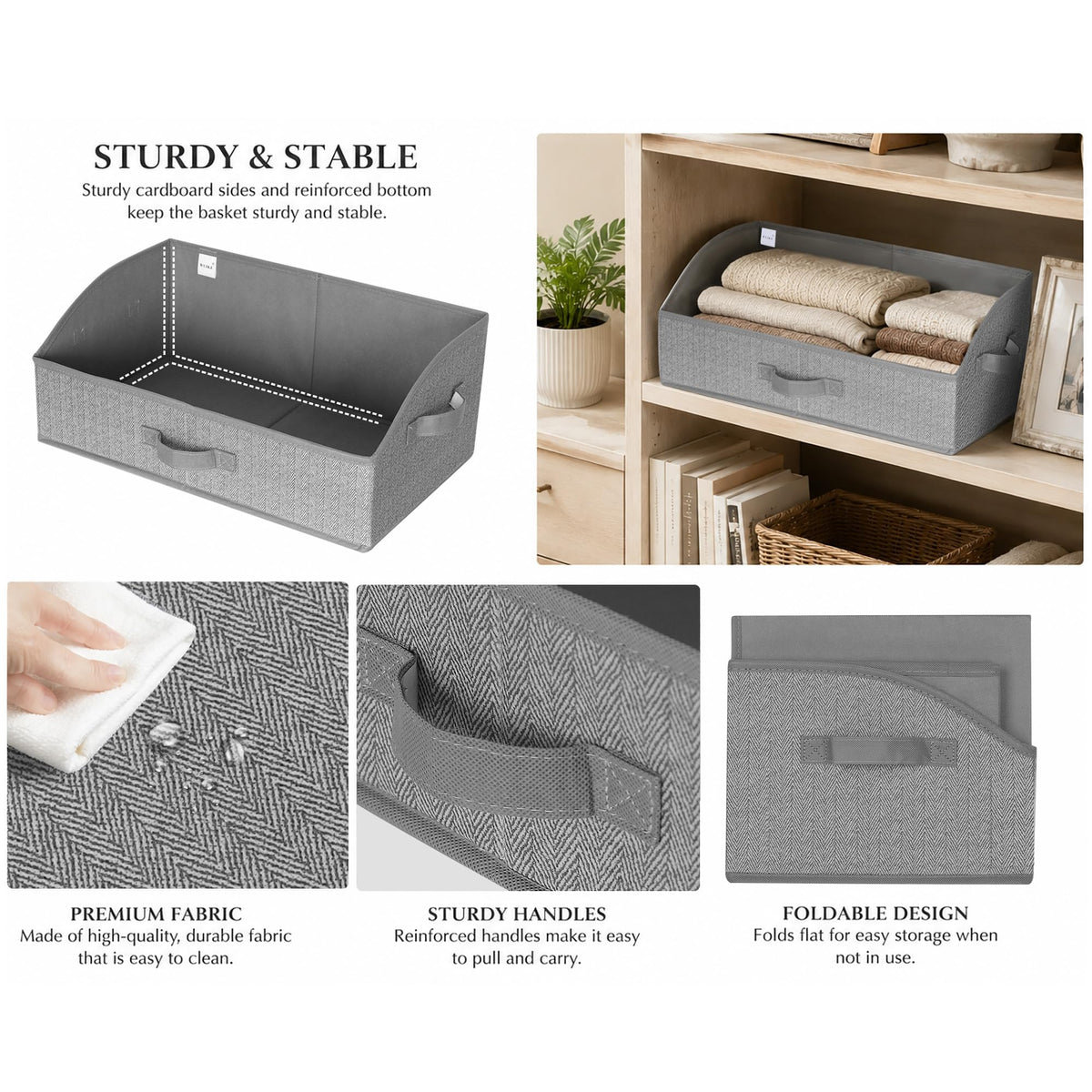 WUIKE closet bins gray in use on a shelf