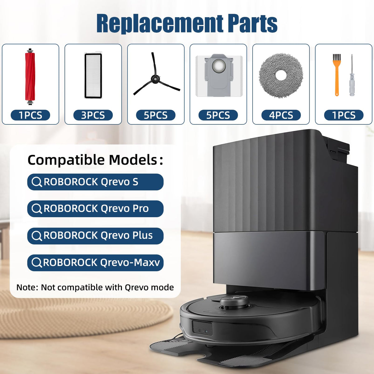 Wulwun Roborock Qrevo side brush reaches corners with anti-tangle design.