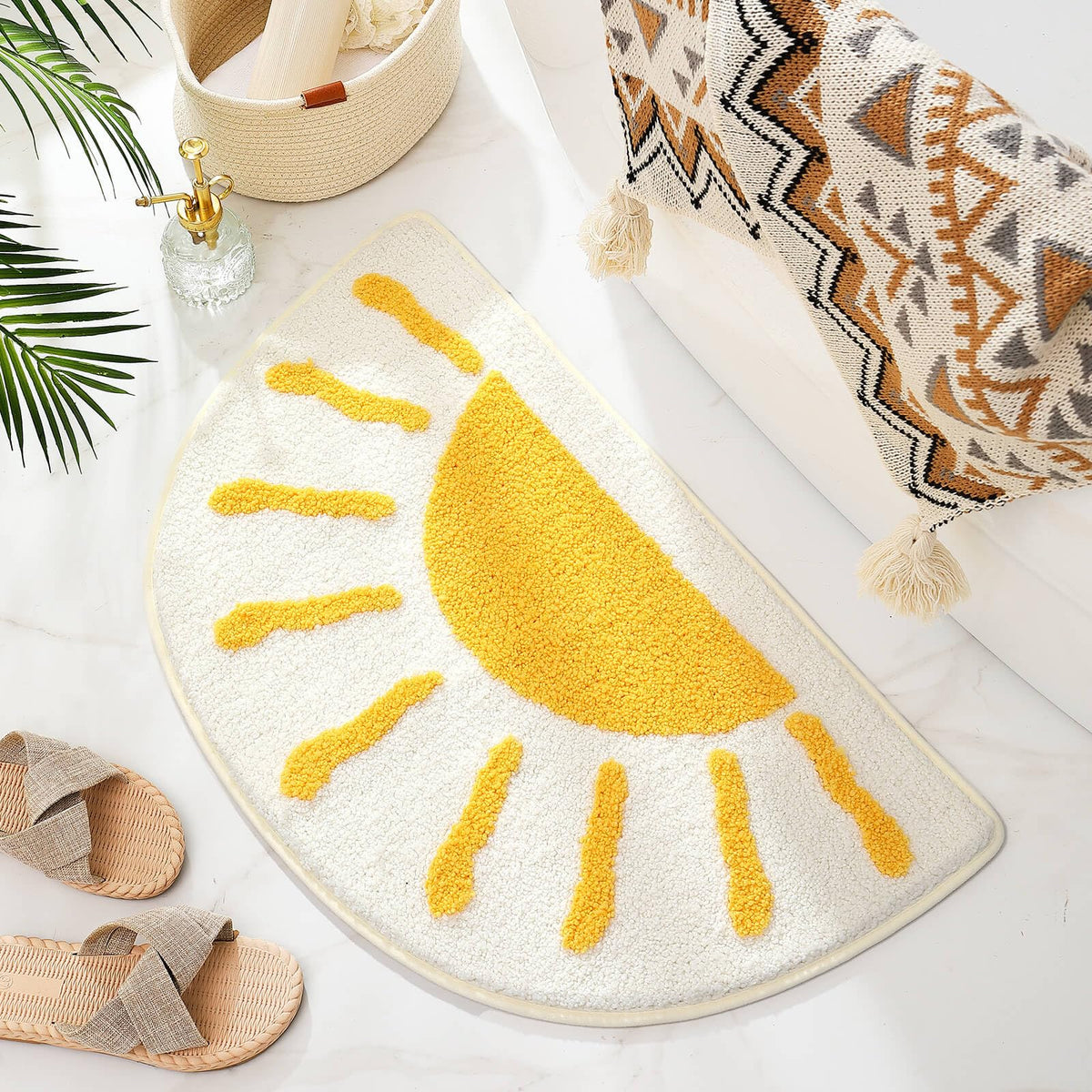 Wunila half-circle rug with sunrise design adds cozy feet and style to bathroom decor