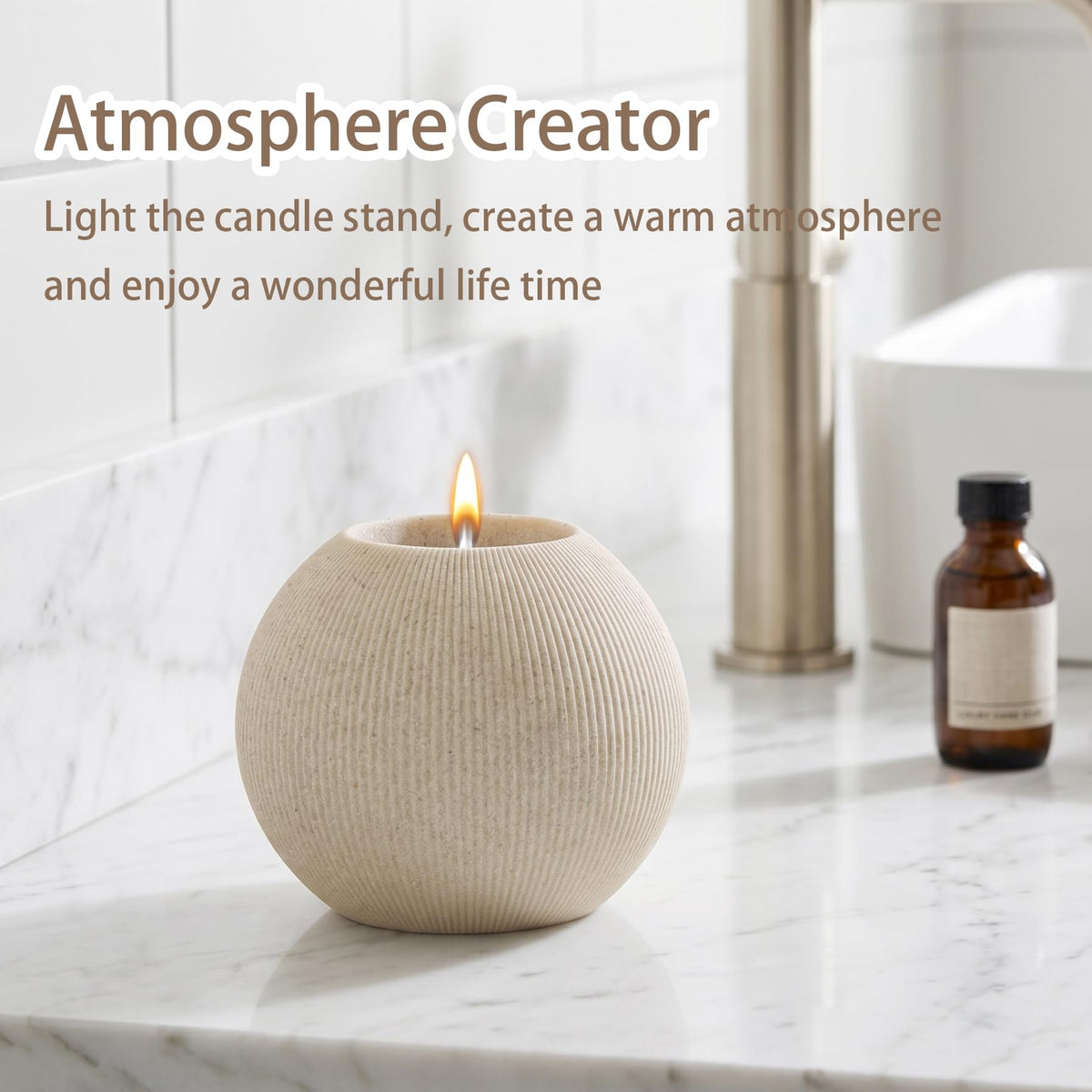 WUUAHOME sandstone candle holder adds ambient glow to bath or vanity.
