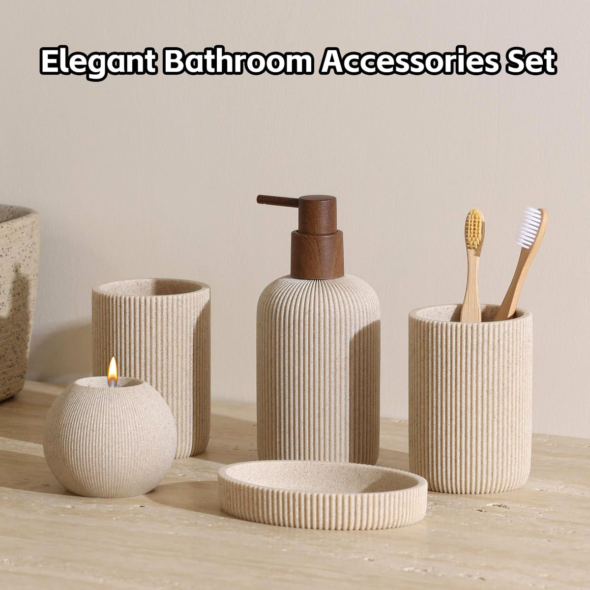 WUUAHOME sandstone toothbrush holder keeps brushes organized and countertop neat.