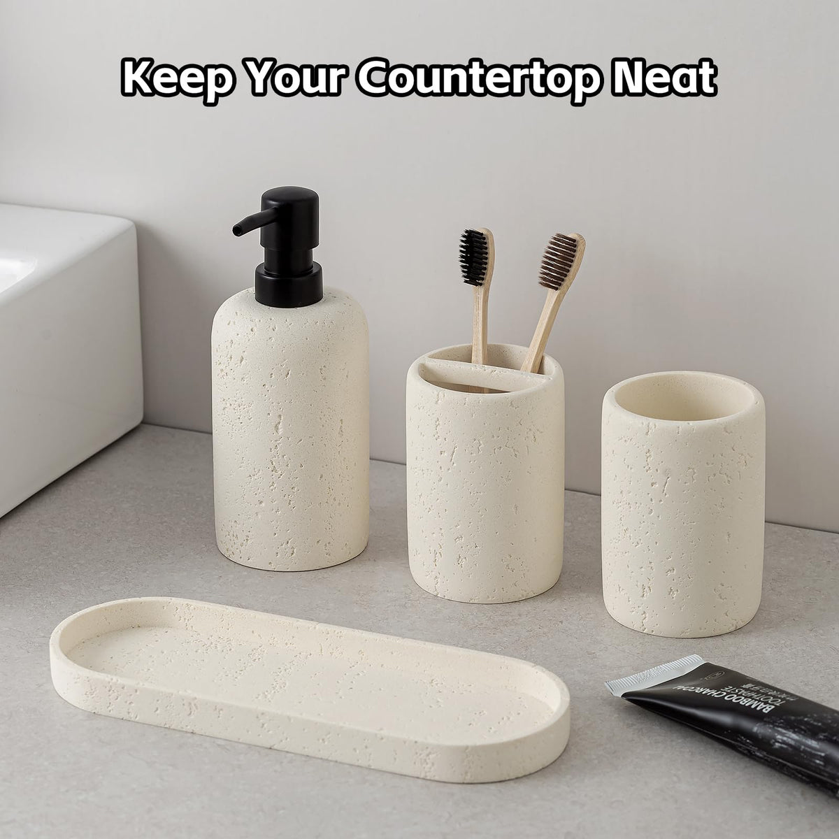 WUUAHOME travertine toothbrush holder keeps counters neat and stylish