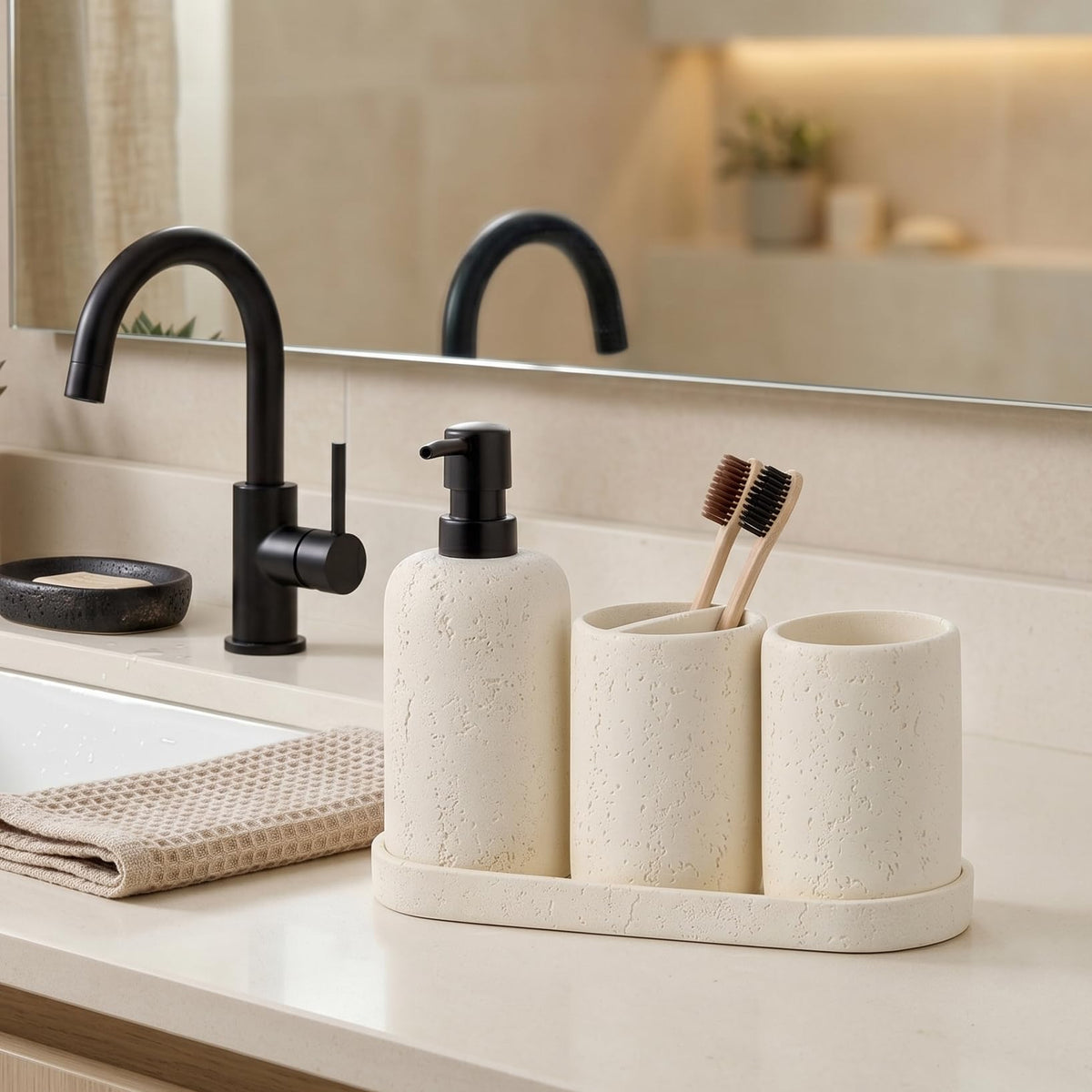 WUUAHOME travertine tumbler provides handy storage for brushes and small essentials