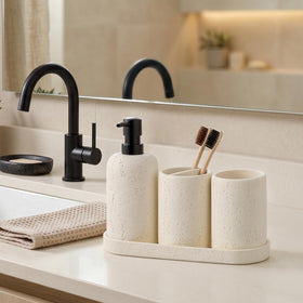 WUUAHOME travertine tumbler provides handy storage for brushes and small essentials