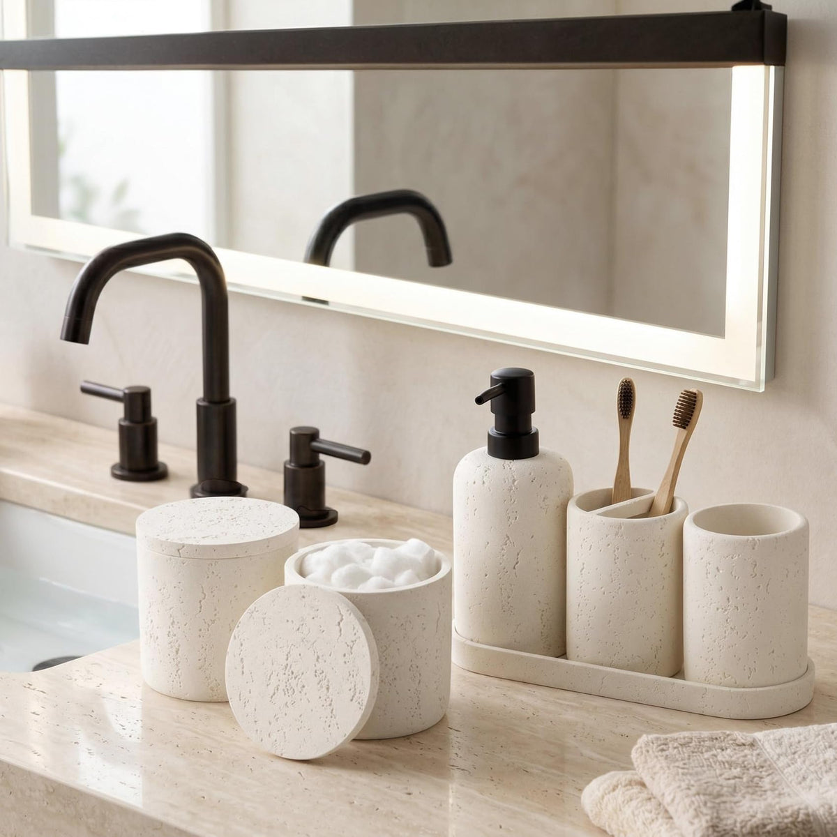 WUUAHOME travertine cotton swab jar-1 keeps small items tidy.
