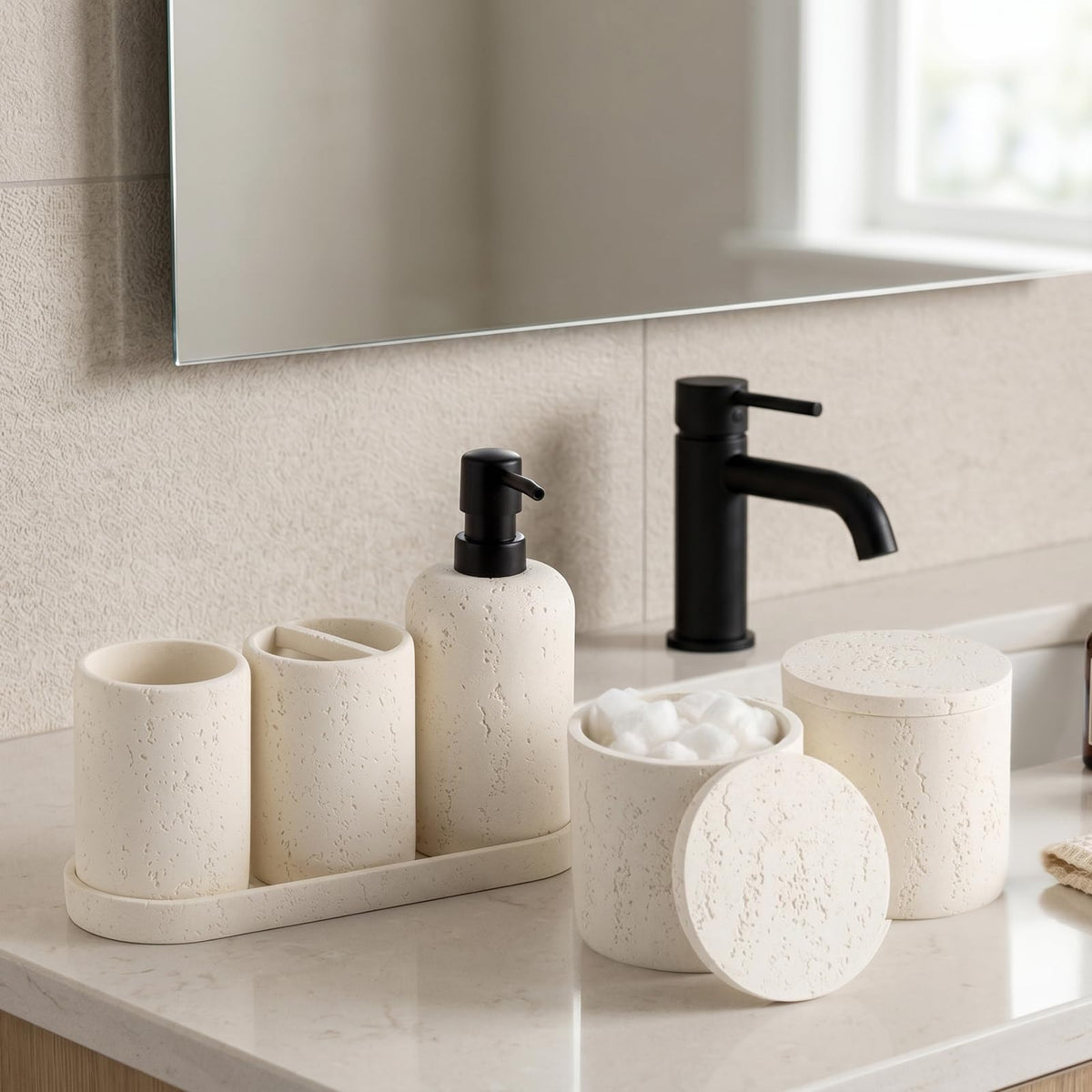 WUUAHOME travertine cotton swab jar-2 keeps cotton buds organized.