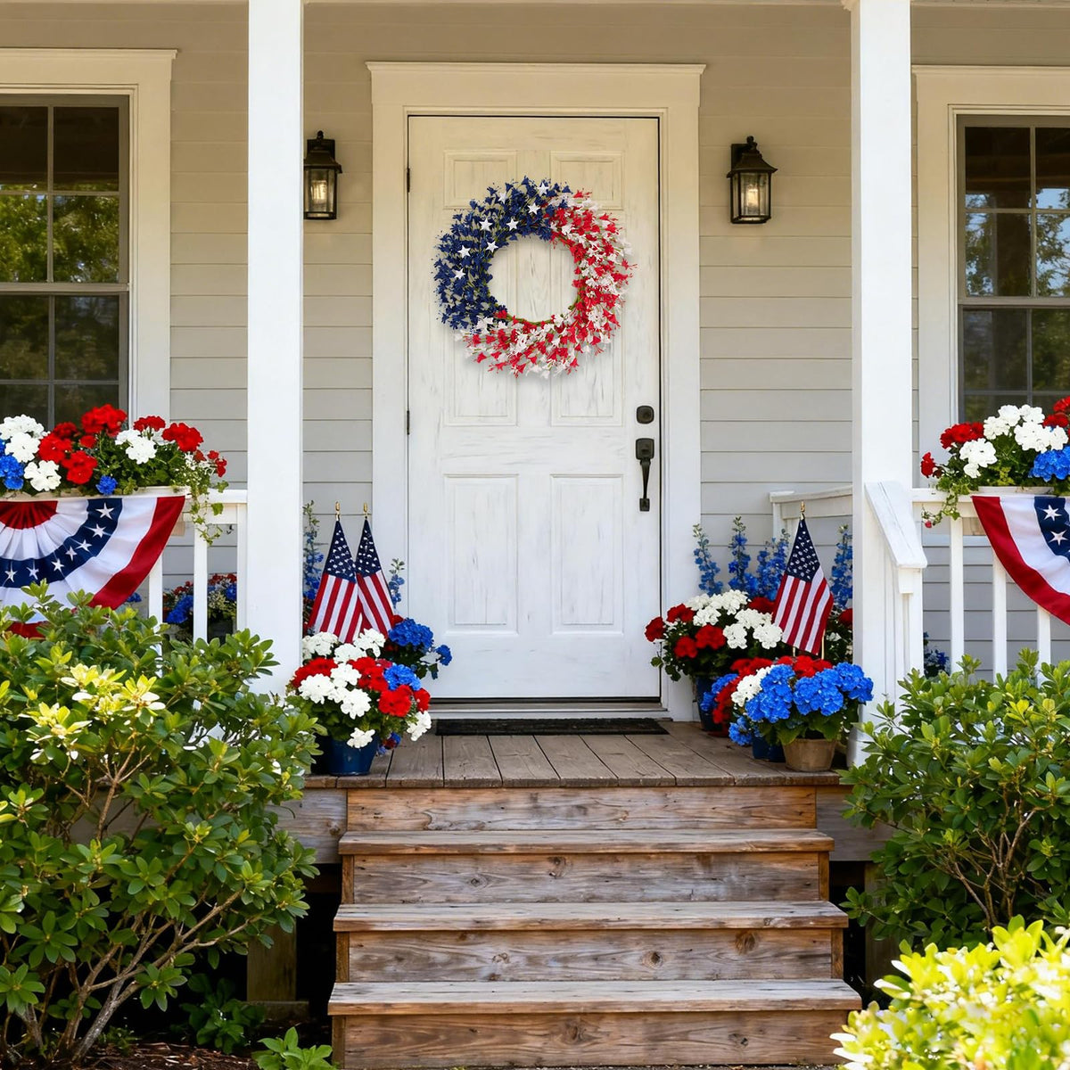 wwmira Red White Blue Forsythia door decor brightens entryways.