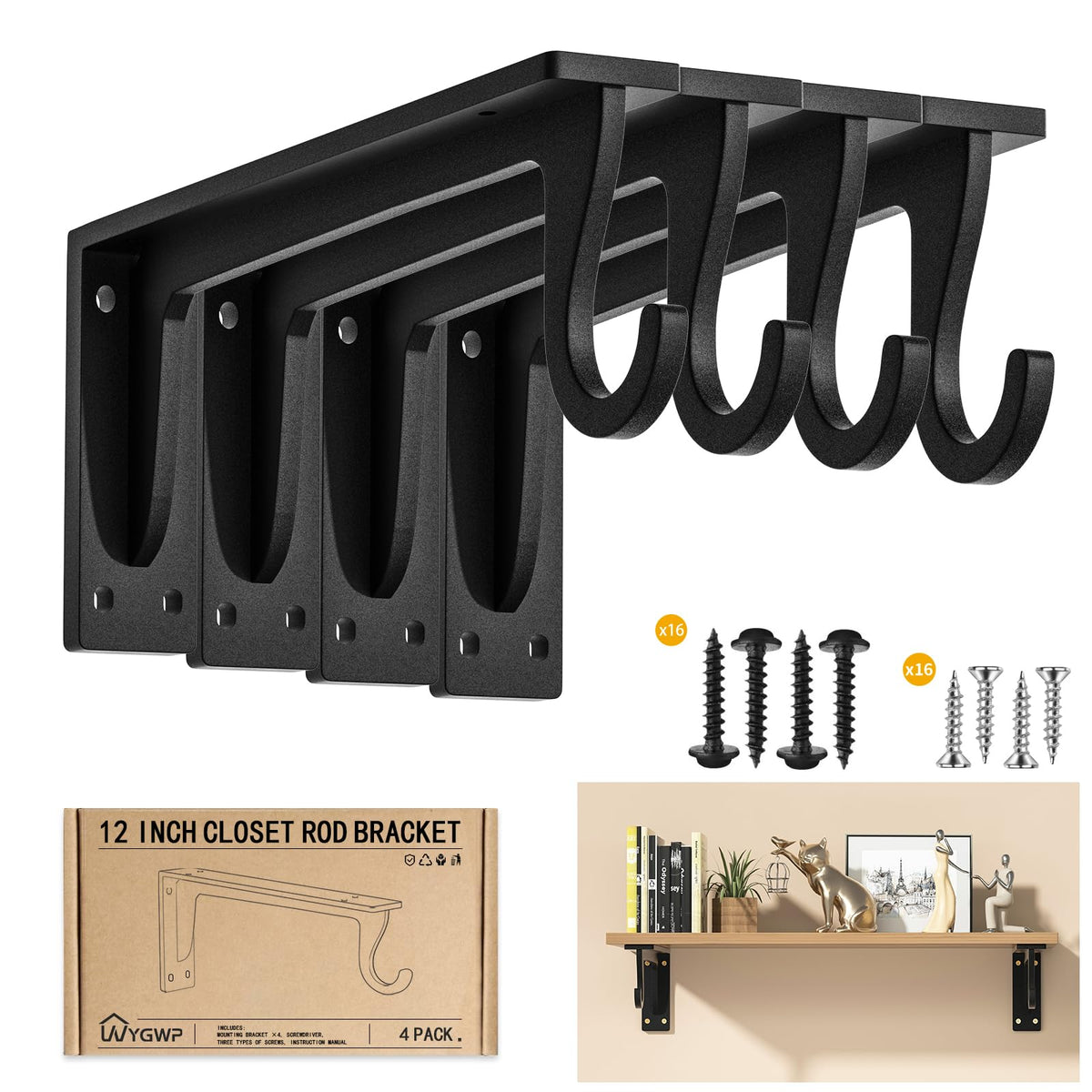 WYGWP 12inch closet rod bracket supports sturdy storage and prevents sagging