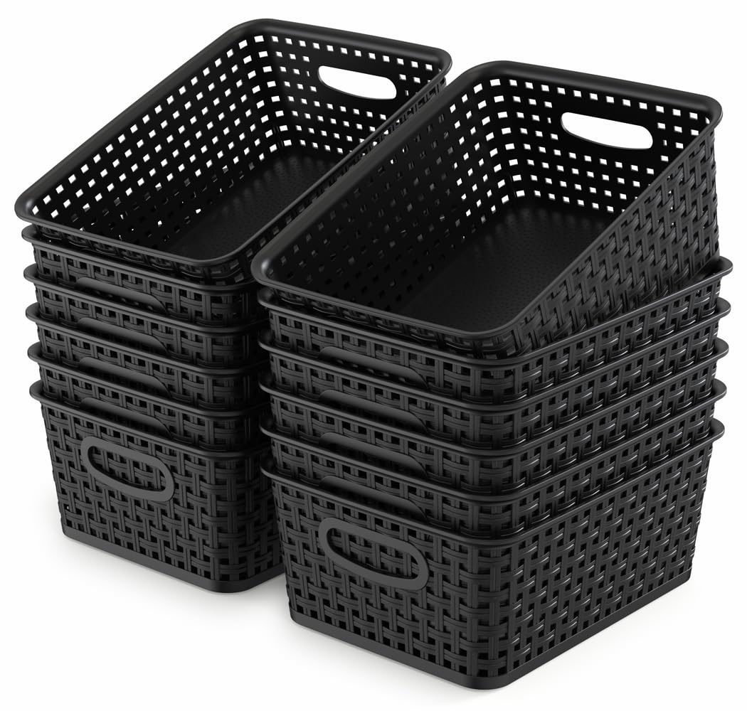 WYT 12-pack black plastic weave baskets for organized shelves and easy access.