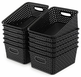 WYT 12-pack black plastic weave baskets for organized shelves and easy access.