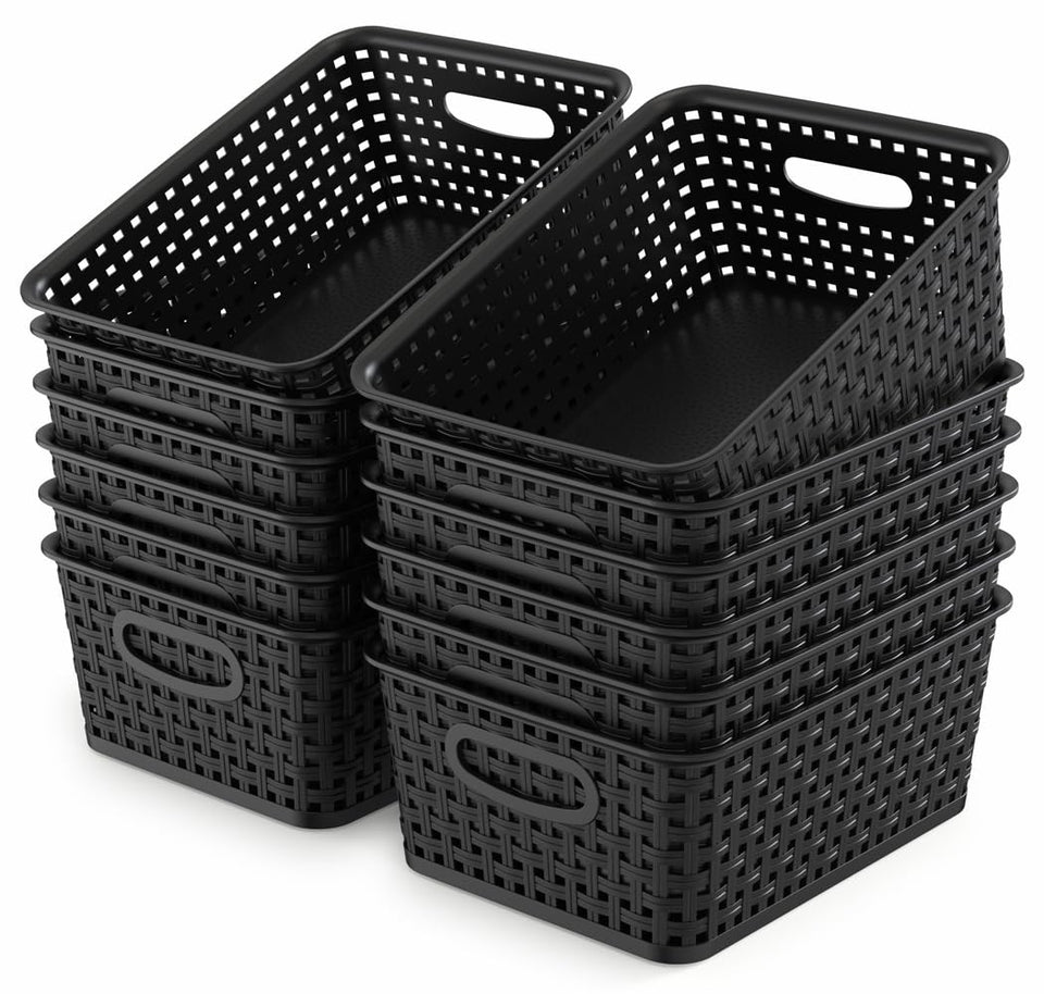 WYT 12-pack black plastic weave baskets for organized shelves and easy access.