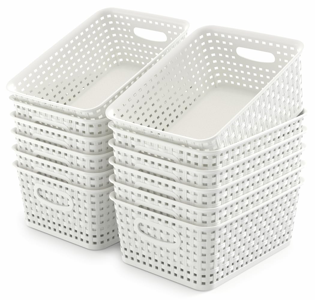 WYT 12-pack plastic small shelf baskets in white for versatile storage and organization.