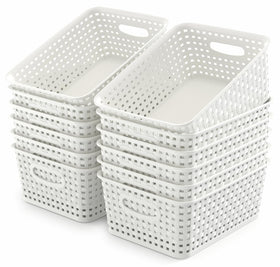WYT 12-pack plastic small shelf baskets in white for versatile storage and organization.