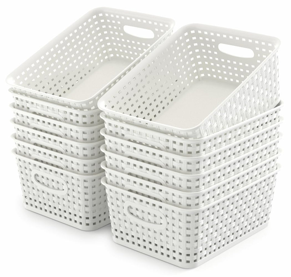 WYT 12-pack plastic small shelf baskets in white for versatile storage and organization.