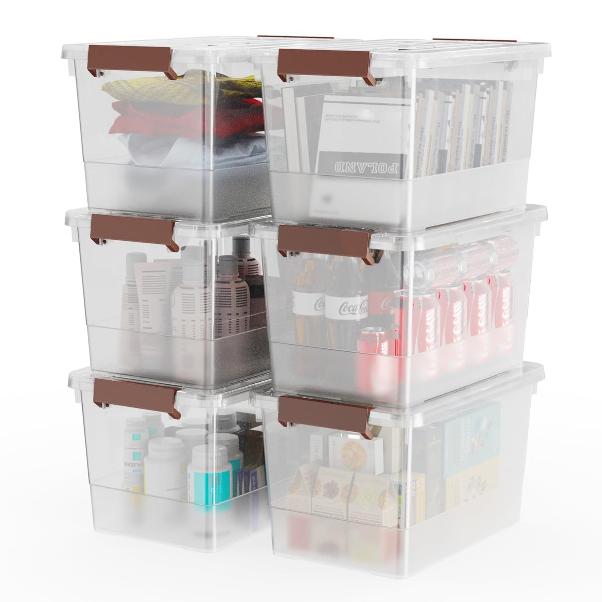 WYT 6pack 17qt clear storage bin with lid, space-saving stackable design.