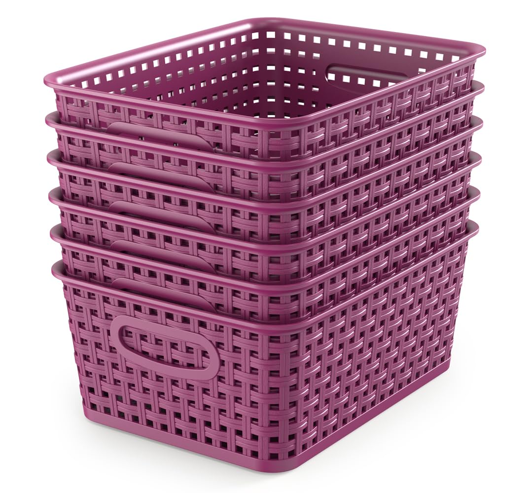 WYT 6-pack plastic weave baskets in deep purple for organized cabinets.