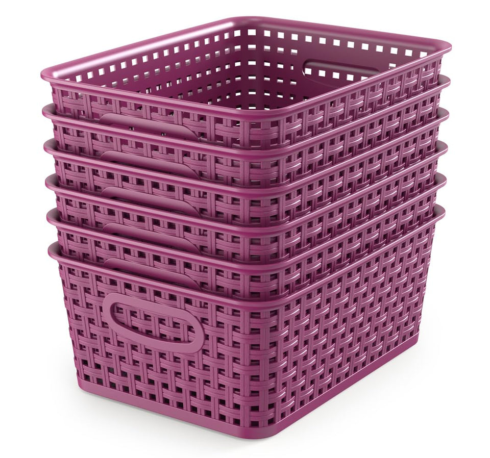 WYT 6-pack plastic weave baskets in deep purple for organized cabinets.