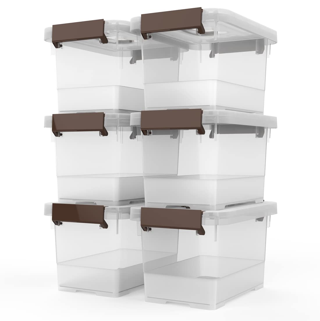 WYT clear storage latch box 6-pack shown on a shelf for organized spaces.